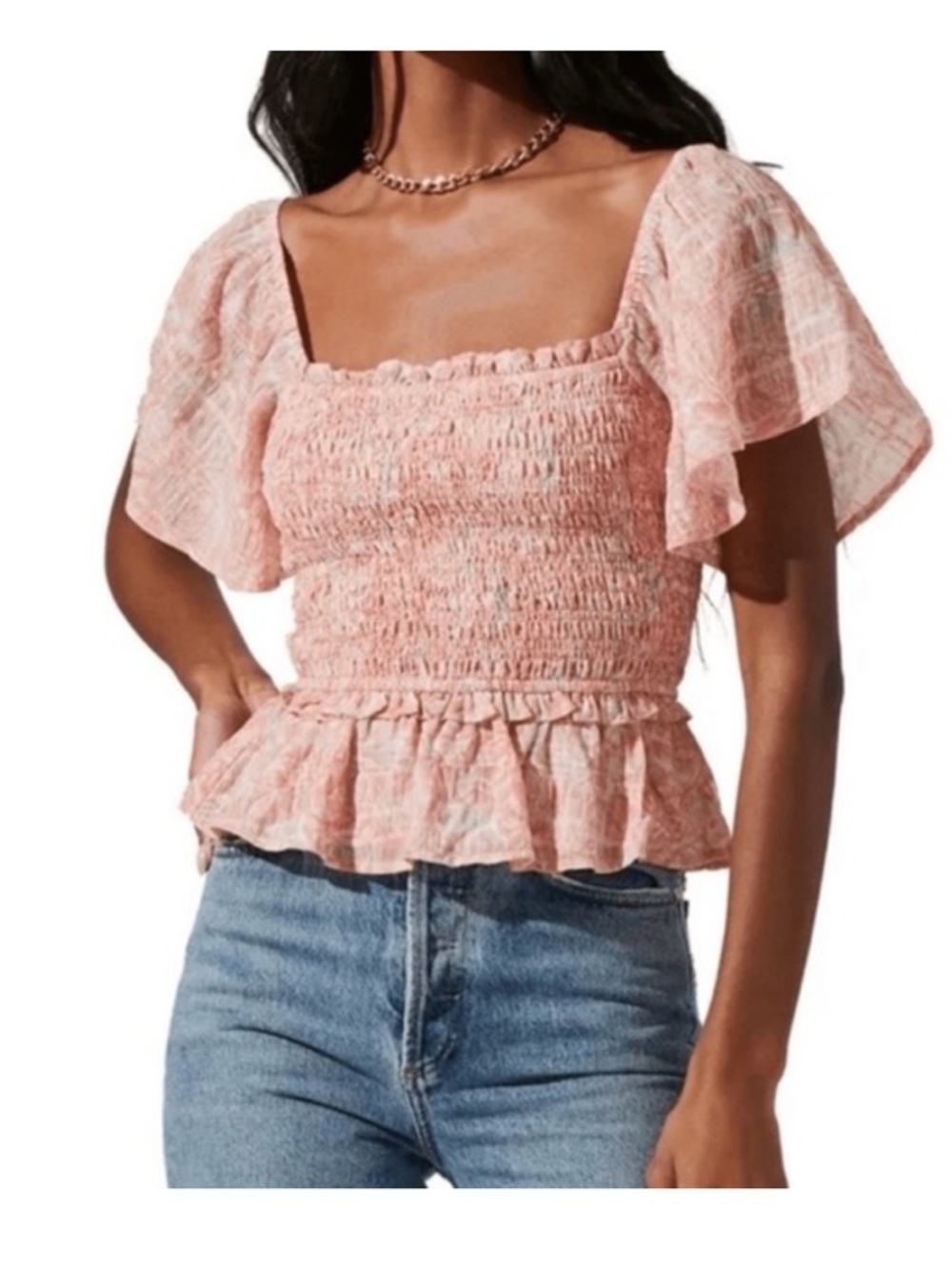 Astr the label clay multi floral striped flutter sleeve smocked crop top